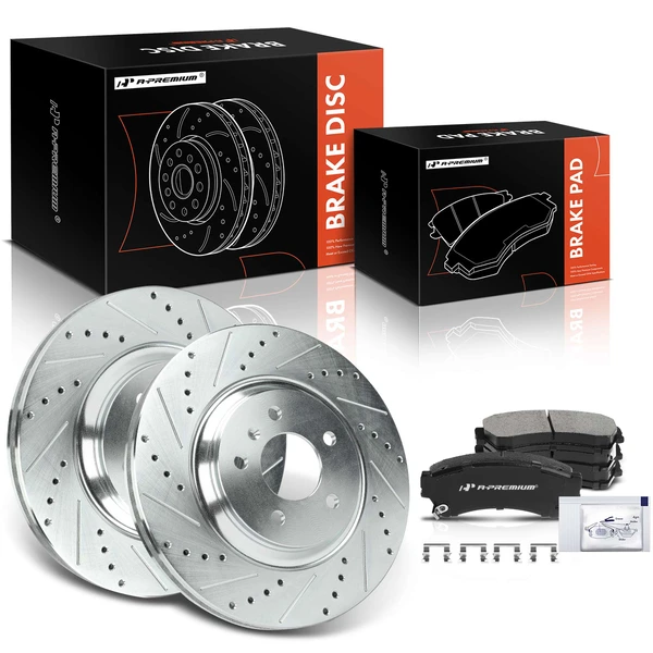 2006-2011 Cadillac DTS Drilled & Slotted Disc Brake Rotors and Ceramic Pads Kit, 6 Pcs, Front Driver & Passenger, A-Premium, APBRPS1431