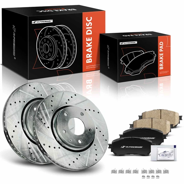 2019-2021 Mazda 6 Drilled & Slotted Disc Brake Rotors and Ceramic Pads Kit, 6 Pcs, Front Driver & Passenger, A-Premium, APBRPS1228