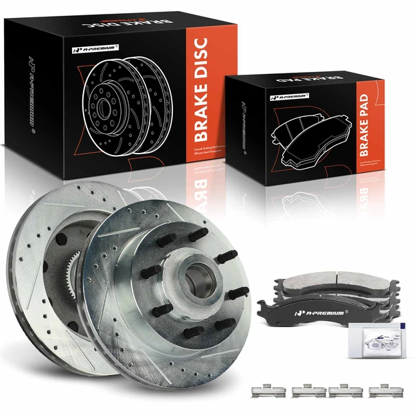 1999-2003 Dodge Ram 3500 Van Drilled & Slotted Disc Brake Rotors and Ceramic Pads Kit, 6 Pcs, Front Driver & Passenger, A-Premium, APBRPS1175