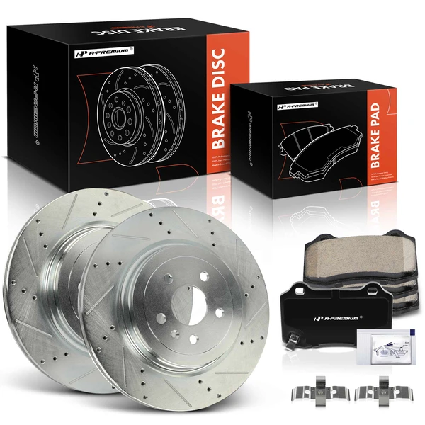 2012-2016 Tesla S Drilled & Slotted Disc Brake Rotors and Ceramic Pads Kit, 6 Pcs, Rear Driver & Passenger, A-Premium, APBRPS1130
