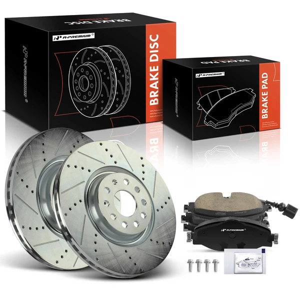 2015-2018 Volkswagen GTI Drilled & Slotted Disc Brake Rotors and Ceramic Pads Kit, 6 Pcs, Front Driver & Passenger, A-Premium, APBRPS1287