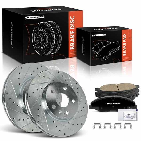 2008-2014 Cadillac CTS Drilled & Slotted Disc Brake Rotors and Ceramic Pads Kit, 6 Pcs, Front Driver & Passenger, A-Premium, APBRPS1433