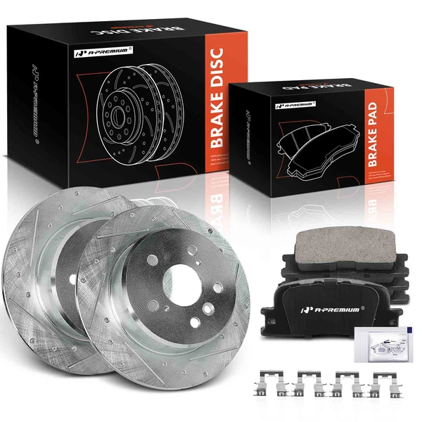 2001-2003 Toyota Highlander Drilled & Slotted Disc Brake Rotors and Ceramic Pads Kit, 6 Pcs, Rear Driver & Passenger, A-Premium, APBRPS1447