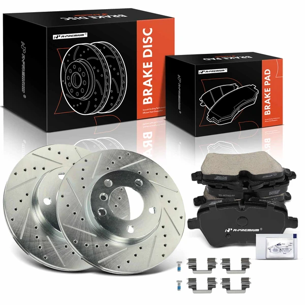 2013-2016 Mini Cooper Paceman Drilled & Slotted Disc Brake Rotors and Ceramic Pads Kit, 6 Pcs, Front Driver & Passenger, A-Premium, APBRPS1274
