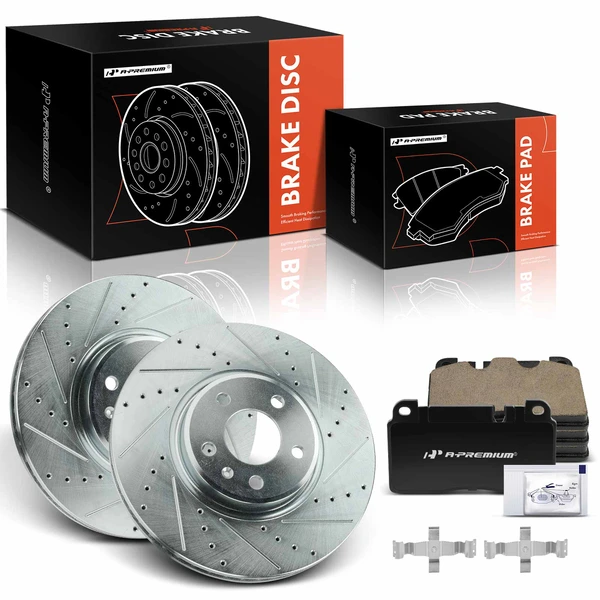 2013-2017 Audi Q5 Drilled & Slotted Disc Brake Rotors and Ceramic Pads Kit, 6 Pcs, Front Driver & Passenger, A-Premium, APBRPS1401