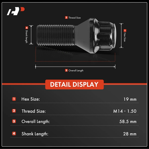 4 Pcs M14x1.5 Black Wheel Lock Stud Bolt & 1 Pc Key for Porsche 911 2012-2021