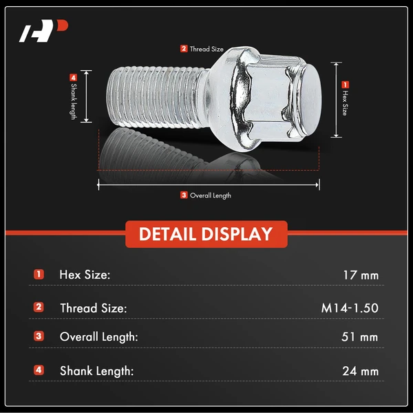 4 Pcs M14x1.5 Chrome Wheel Lock Stud Bolt & 1 Pc Key for Audi A3 A4 A6 TT Porsche