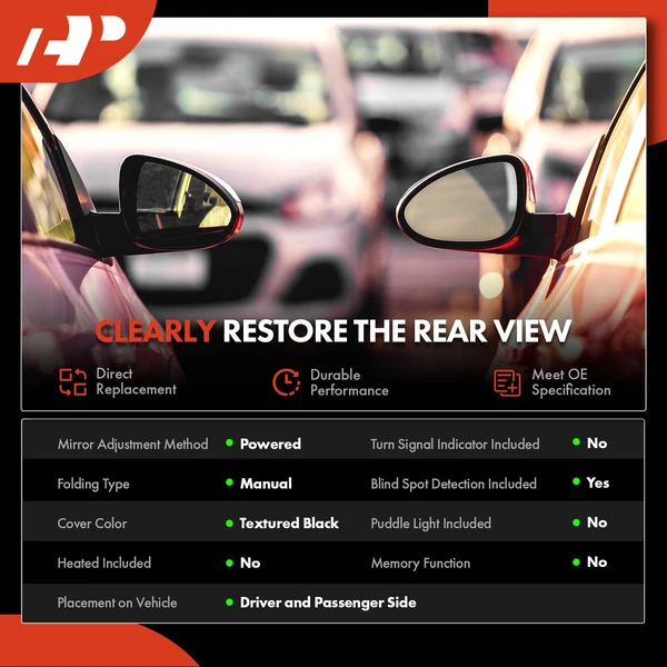 Driver & Passenger Mirror, Power Adjustment, Manual Folding, Textured Black A-Premium APMI2470