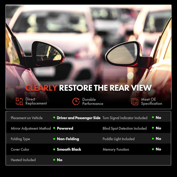 Driver & Passenger Mirror, Power Adjustment, Manual Folding, Black A-Premium APMI2576TW