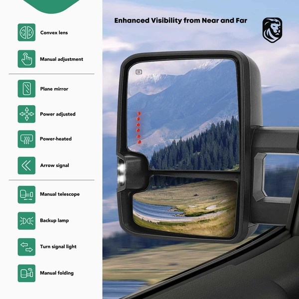 Driver & Passenger Towing Mirror Assembly, with Heating, Power Adjustment, Manual Folding, Textured Black YHT Auto YHTMI0008