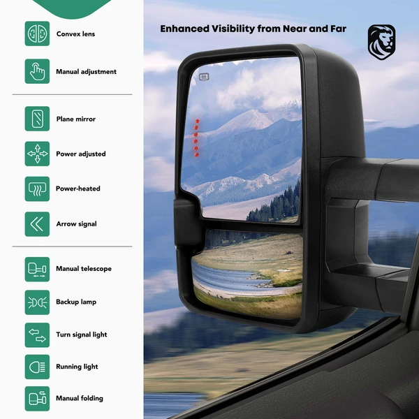 Driver & Passenger Towing Mirror Assembly, with Heating, Power Adjustment, Manual Folding, Textured Black YHT Auto YHTMI0011