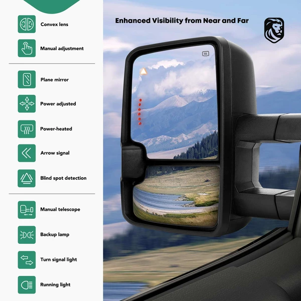 Driver & Passenger Towing Mirror Assembly, with Heating, Power Adjustment, Manual Folding, Textured Black YHT Auto YHTMI0021