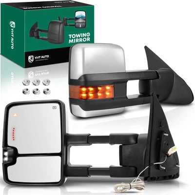 2 Pcs Chrome Powered Heated Towing Mirror Assembly with Backup Lamp