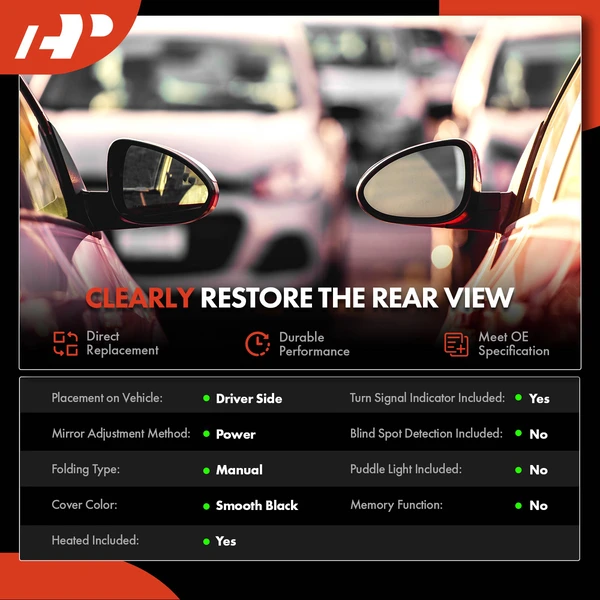 Left Driver Side Mirror Assembly, with Heating, Power Adjustment, Manual Folding, Smooth Black A-Premium APMI3299TW