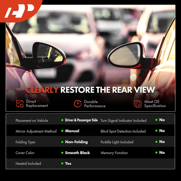 Driver & Passenger Mirror, with Heating, Manual Adjustment, Non-Folding, Black A-Premium APMI2929TW