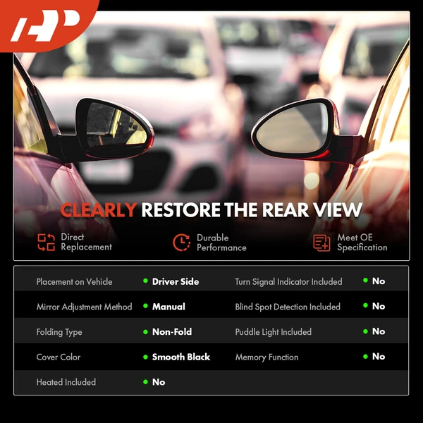 Left Driver Side Mirror, Manual Adjustment, Non-Folding, Smooth Black A-Premium APMI2934TW