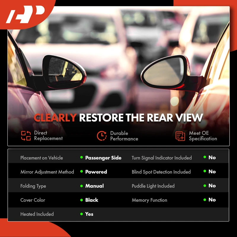 Right Passenger Side Mirror, Powered, with Heated, Smooth Black A-Premium APMI2012