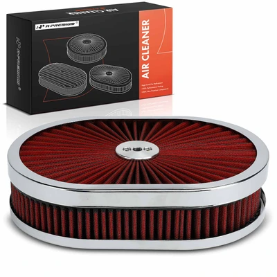12 inch x 2 inch Universal Oval Red Chrome Air Cleaner for Chevy Ford GMC 5-1/8 Carb Neck