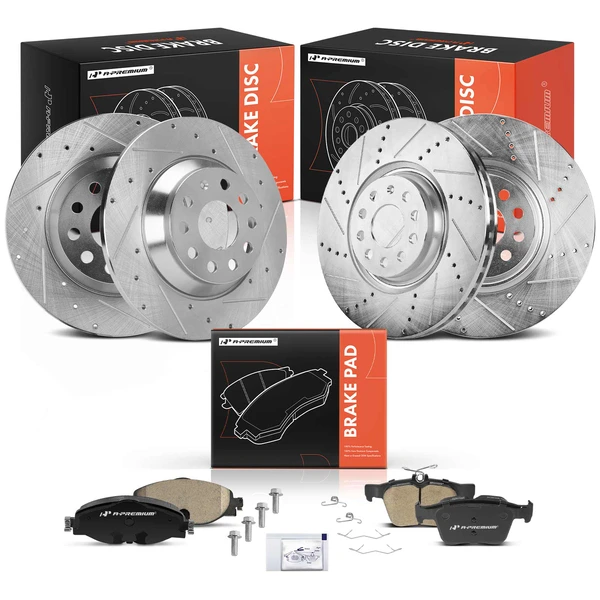 2022 Volkswagen Jetta Drilled & Slotted Disc Brake Rotors and Ceramic Pads Kit, 12 Pcs, Front & Rear, A-Premium, APBRPS1335