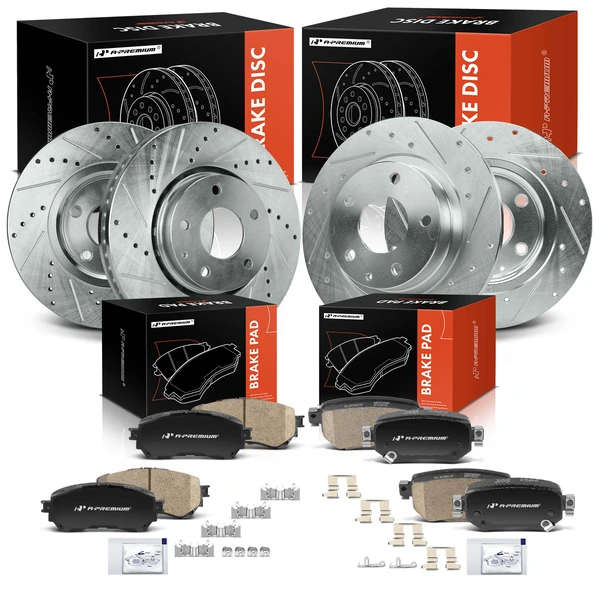 2019-2021 Mazda 6 Drilled & Slotted Disc Brake Rotors and Ceramic Pads Kit, 12 Pcs, Front & Rear, A-Premium, APBRPS1338