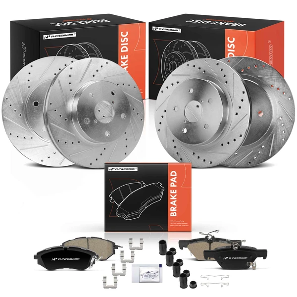 Drilled & Slotted Disc Brake Rotors and Ceramic Pads Kit, 12 Pcs, Front & Rear, A-Premium, APBRPS1342