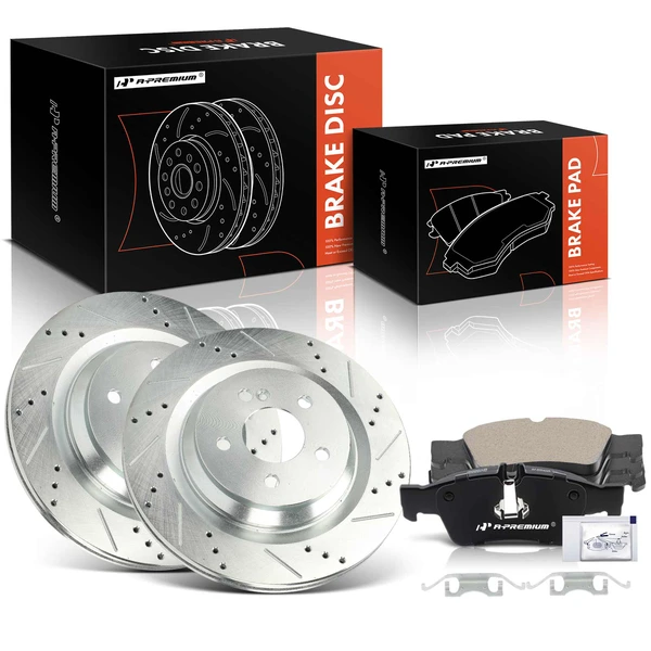 2008-2011 Mercedes-Benz S450 Drilled & Slotted Disc Brake Rotors and Ceramic Pads Kit, 6 Pcs, Rear Driver & Passenger, A-Premium, APBRPS1234