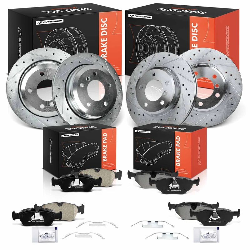 2001-2005 BMW 325xi Drilled Brake Rotor & Brake Pad, 12 Pcs, Front & Rear, A-Premium, APBRPS440
