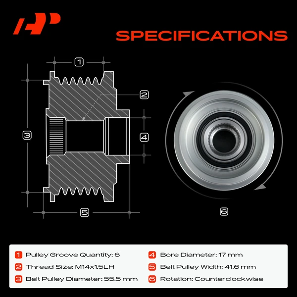 Alternator Clutch Pulley for Volvo S40 V40 2000-2004 L4 1.9L DOHC 6 Grooves CCW