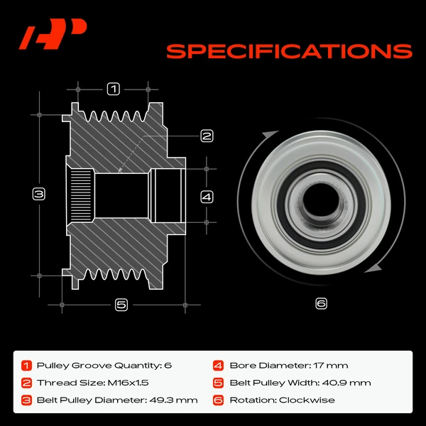 Alternator Clutch Pulley for Mini Cooper 2002-2016 L4 1.6L 6 Grooves Clockwise