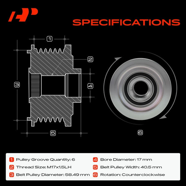 Alternator Clutch Pulley for Ford Edge 2012 2013 2014 L4 2.0L with 6 Grooves CCW