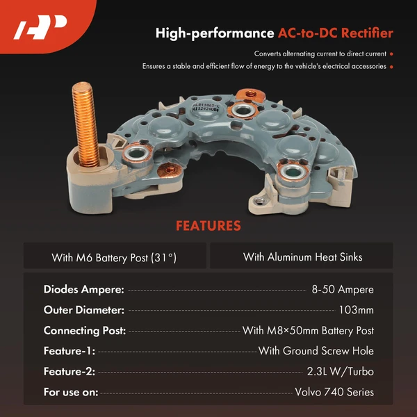 Alternator Rectifier Diode with Ground Screw Hole for Volvo 740 940 L4 2.3L 12Volt