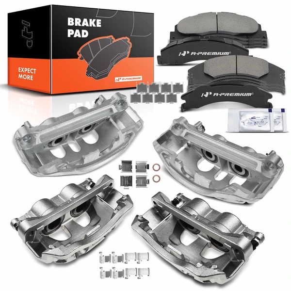 12 Pcs Front & Rear Brake Calipers & Ceramic Brake Pads for 2008-2014 Ford E-150