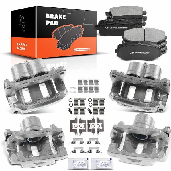 12-PC Brake Caliper + Brake Pad, Front & Rear, 2-Piston (Front); 1-Piston (Rear), A-Premium APBC3649