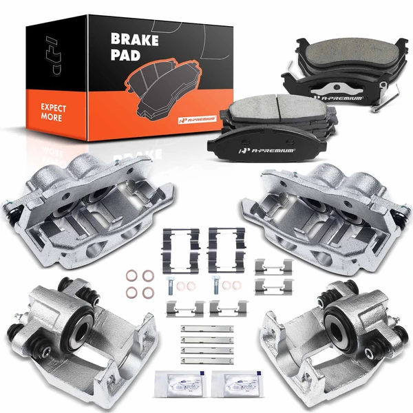 12 Pcs Front & Rear Brake Calipers & Ceramic Brake Pads for 2003-2011 Lincoln Town Car