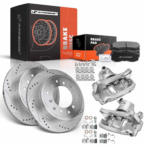 2003-2009 Toyota 4Runner Drilled & Slotted Disc Brake Rotors and Ceramic Pads Kit with Calipers, 8 Pcs, Rear Driver & Passenger, A-Premium, APBRPS535