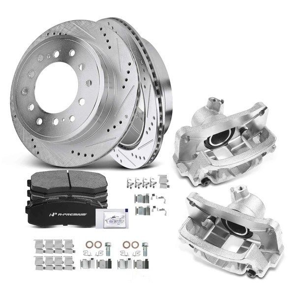 2003-2009 Lexus GX470 Drilled & Slotted Disc Brake Rotors and Ceramic Pads Kit with Calipers, 8 Pcs, Rear Driver & Passenger, A-Premium, APBRPS536