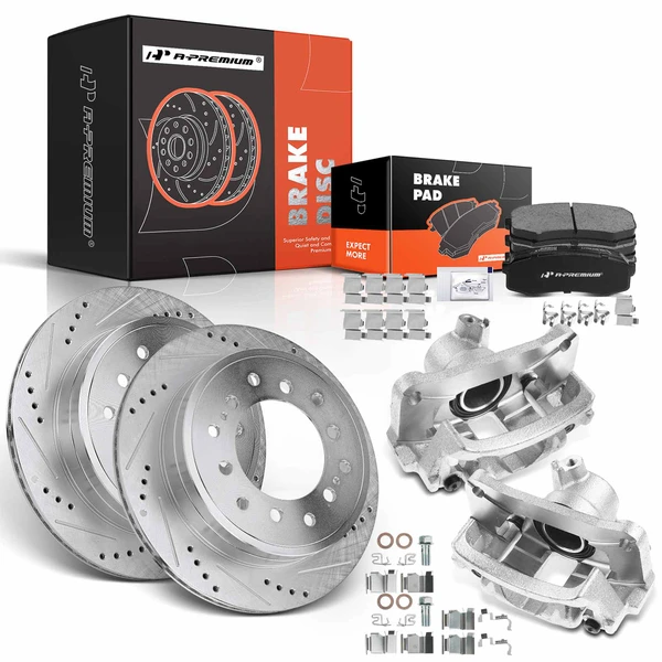 Drilled & Slotted Disc Brake Rotors and Ceramic Pads Kit with Calipers, 8 Pcs, Rear Driver & Passenger, A-Premium, APBRPS536