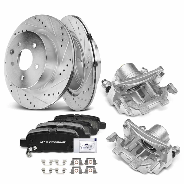 2013 INFINITI EX37 Drilled & Slotted Disc Brake Rotors and Ceramic Pads Kit with Calipers, 8 Pcs, Rear Driver & Passenger, A-Premium, APBRPS501
