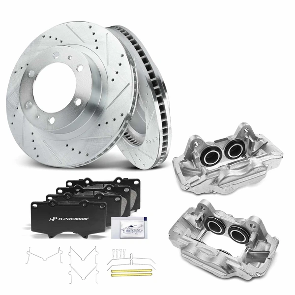 Drilled & Slotted Disc Brake Rotors and Ceramic Pads Kit with Calipers, 8 Pcs, Front Driver & Passenger, A-Premium, APBRPS499