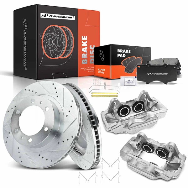 2003-2009 Toyota 4Runner Drilled & Slotted Disc Brake Rotors and Ceramic Pads Kit with Calipers, 8 Pcs, Front Driver & Passenger, A-Premium, APBRPS499
