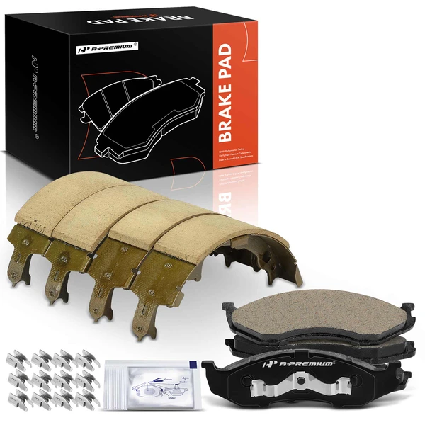 8 Pcs Front Ceramic Brake Pads & Rear Brake Shoes for Jeep Cherokee Comanche Wrangler