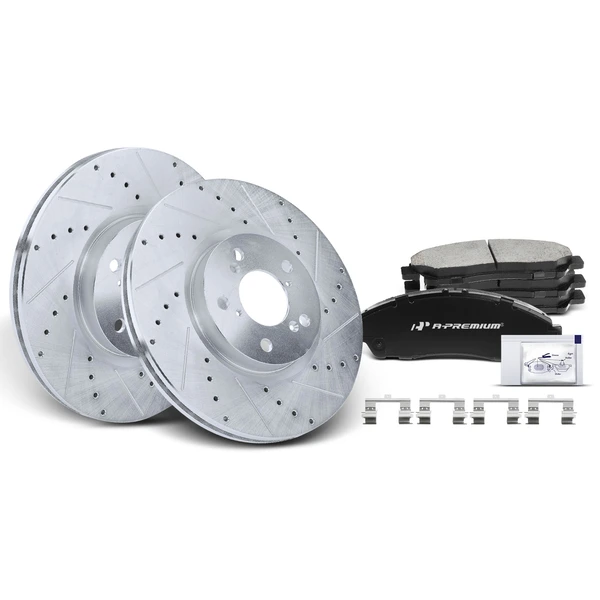 2014-2015 2017-2018 Acura RLX Drilled & Slotted Disc Brake Rotors and Ceramic Pads Kit, 6 Pcs, Front Driver & Passenger, A-Premium, APBRPS163