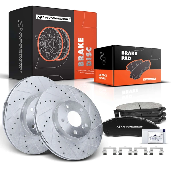 Drilled & Slotted Disc Brake Rotors and Ceramic Pads Kit, 6 Pcs, Front Driver & Passenger, A-Premium, APBRPS163