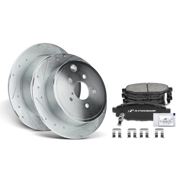 2013-2016 Subaru BRZ Drilled & Slotted Disc Brake Rotors and Ceramic Pads Kit, 6 Pcs, Rear Driver & Passenger, A-Premium, APBRPS063