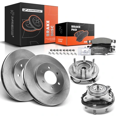 8 Pcs Front Disc Brake Rotor & Pads + Hub Bearing