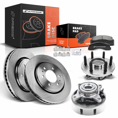 8 Pcs Front Disc Brake Rotor & Pads + Hub Bearing