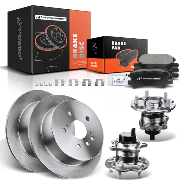 8 Pcs Rear Disc Brake Rotors & Ceramic Brake Pads & Hub Bearings for Toyota Highlander 04-07 FWD