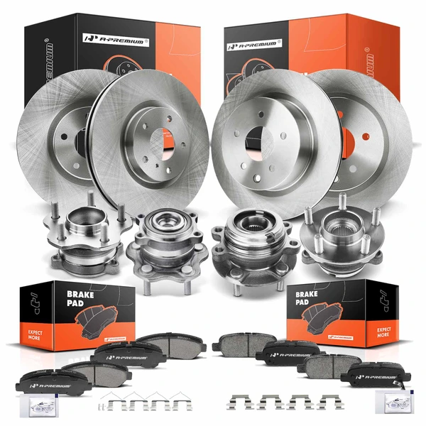 16 Pcs Front & Rear Disc Brake Rotors & Ceramic Brake Pads & Hub Bearings for 2009-2014 2016-2017 Nissan Maxima