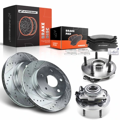 8 Pcs Front Drilled Brake Rotor & Pads + Wheel Hub Bearing