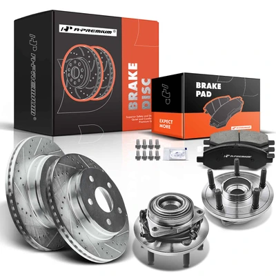 8 Pcs Front Drilled Brake Rotor & Pads + Wheel Hub Bearing